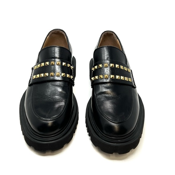 Allsaints Lola Studded Apron Toe Loafers Women's Size 6 Black Leather Gold Stud - Picture 4 of 14